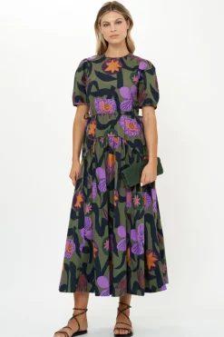 Oliphant Piped Puff Sleeve Maxi- Bergen Olive