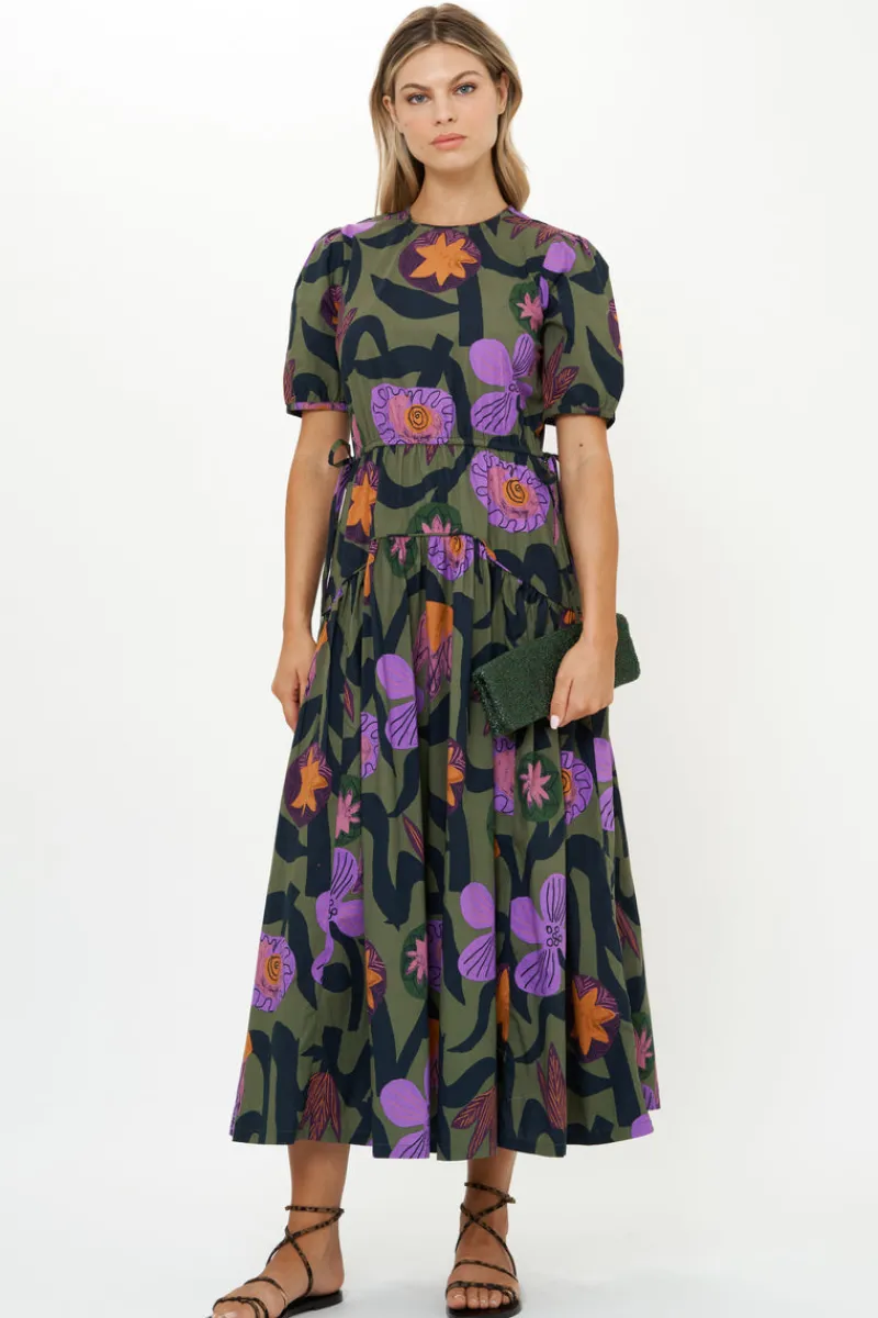 Oliphant Piped Puff Sleeve Maxi- Bergen Olive