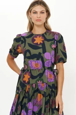 Oliphant Piped Puff Sleeve Maxi- Bergen Olive