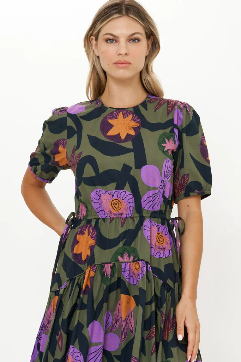Oliphant Piped Puff Sleeve Maxi- Bergen Olive