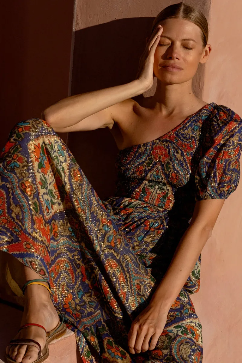 Oliphant Puff Sleeve One Shoulder Smocked Maxi- Persia Cobalt