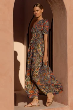 Oliphant Puff Sleeve One Shoulder Smocked Maxi- Persia Cobalt