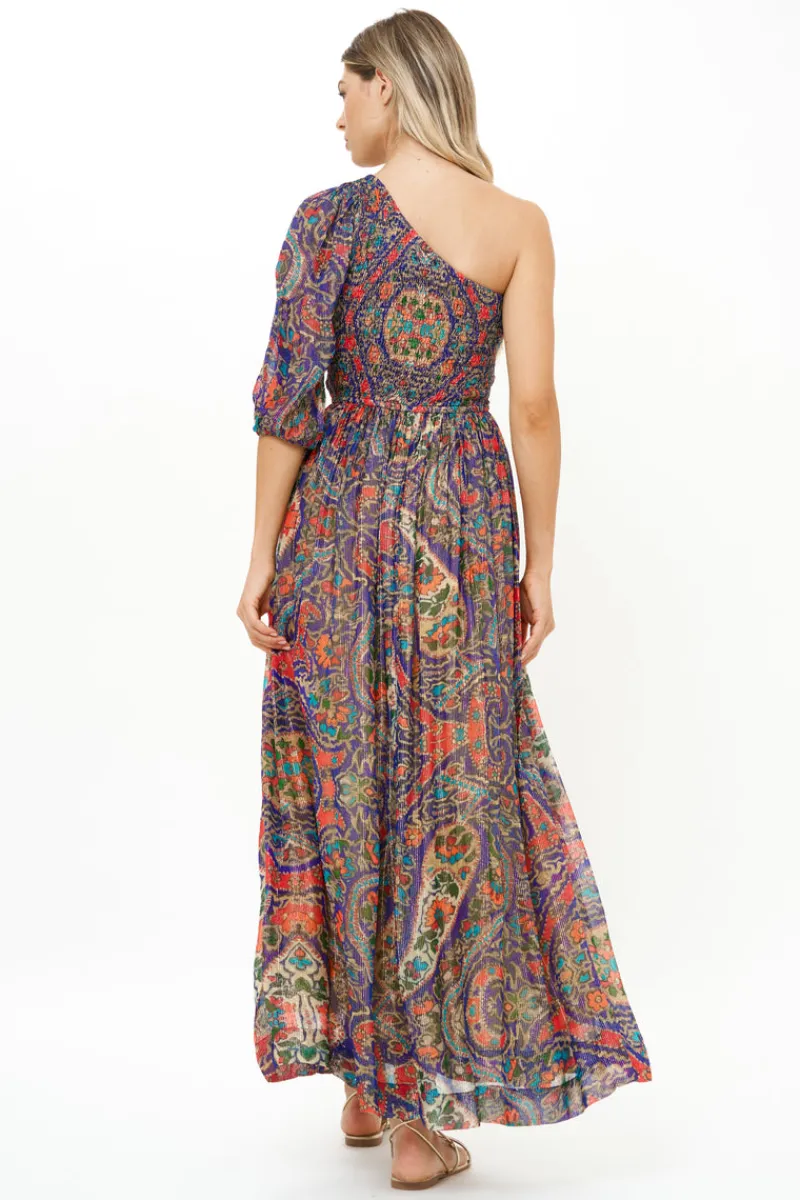 Oliphant Puff Sleeve One Shoulder Smocked Maxi- Persia Cobalt