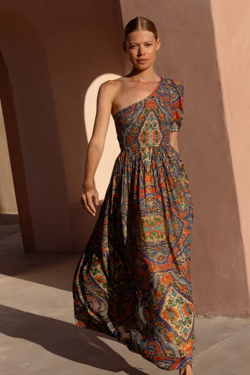 Oliphant Puff Sleeve One Shoulder Smocked Maxi- Persia Cobalt