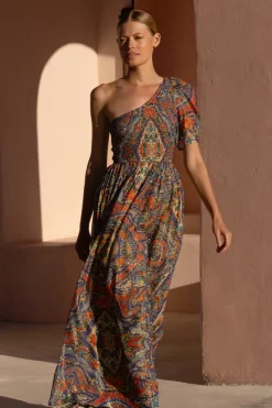 Oliphant Puff Sleeve One Shoulder Smocked Maxi- Persia Cobalt
