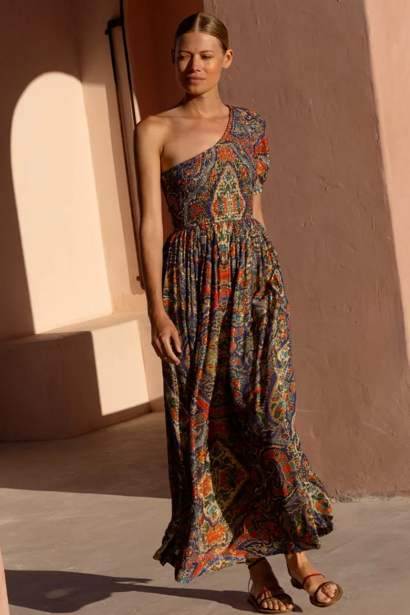 Oliphant Puff Sleeve One Shoulder Smocked Maxi- Persia Cobalt