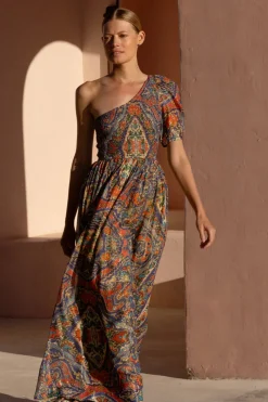 Oliphant Puff Sleeve One Shoulder Smocked Maxi- Persia Cobalt