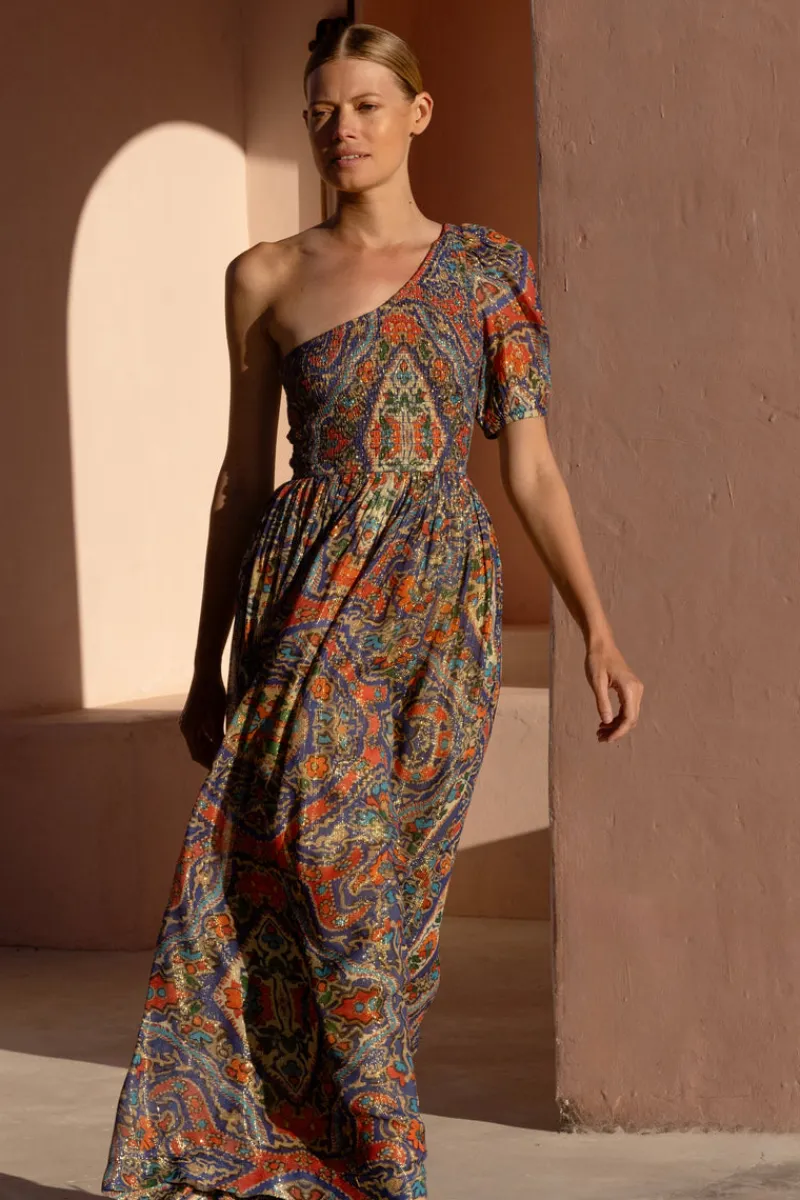 Oliphant Puff Sleeve One Shoulder Smocked Maxi- Persia Cobalt