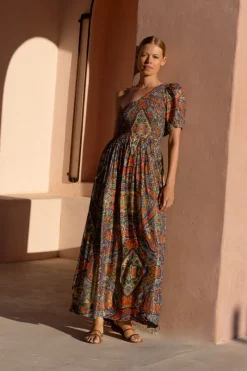 Oliphant Puff Sleeve One Shoulder Smocked Maxi- Persia Cobalt