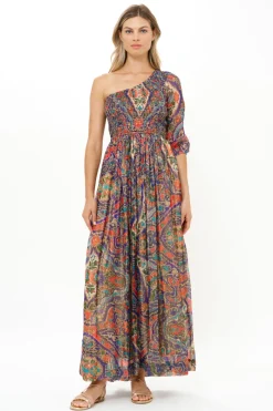 Oliphant Puff Sleeve One Shoulder Smocked Maxi- Persia Cobalt