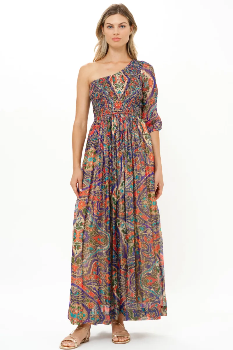 Oliphant Puff Sleeve One Shoulder Smocked Maxi- Persia Cobalt
