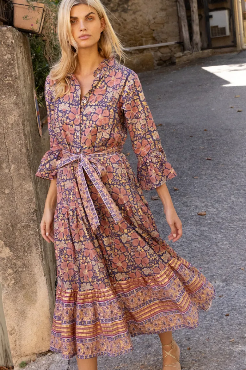 Oliphant Ruffle Collar Bell Maxi- Matera Navy