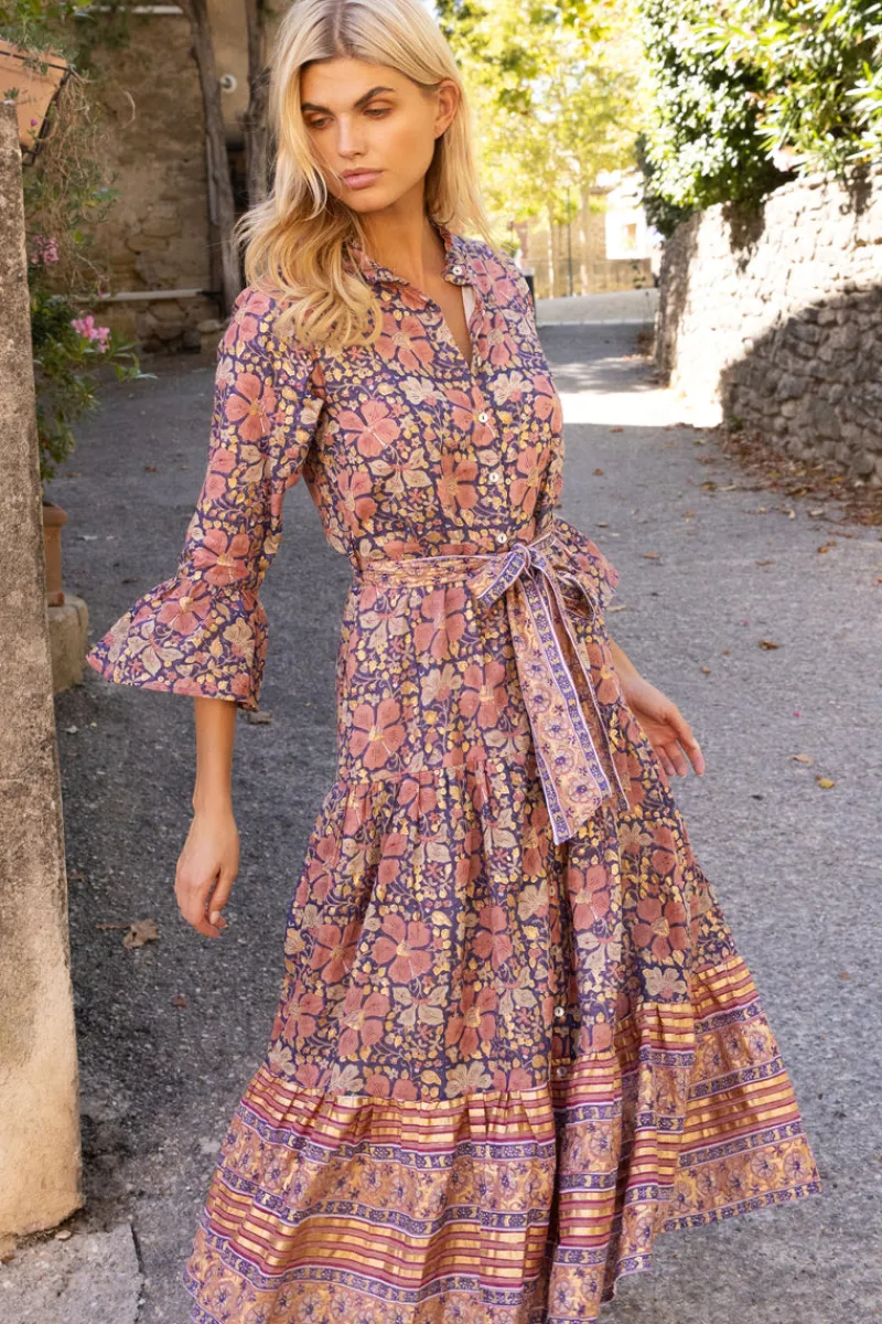 Oliphant Ruffle Collar Bell Maxi- Matera Navy
