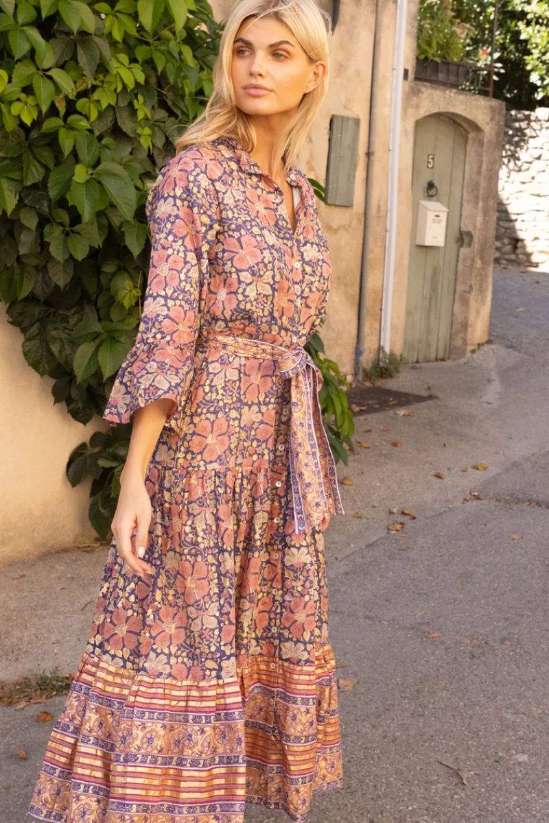 Oliphant Ruffle Collar Bell Maxi- Matera Navy
