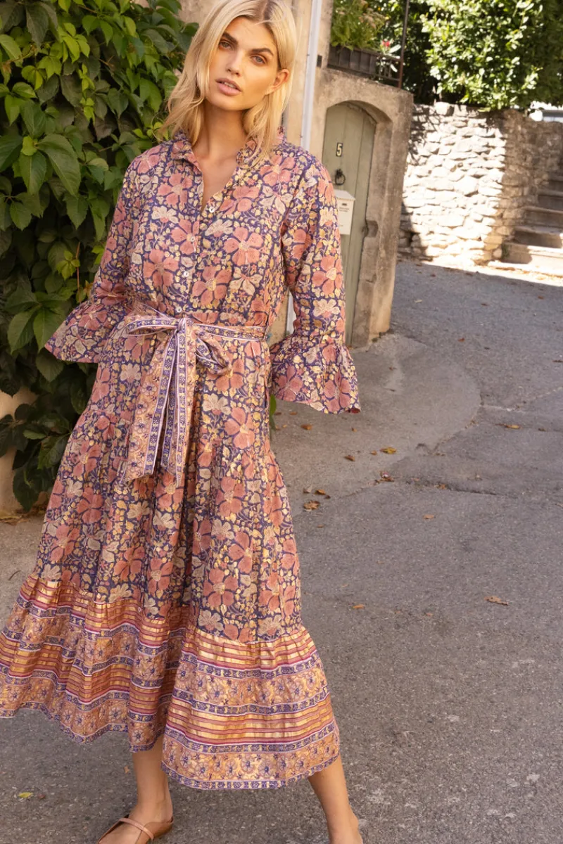 Oliphant Ruffle Collar Bell Maxi- Matera Navy
