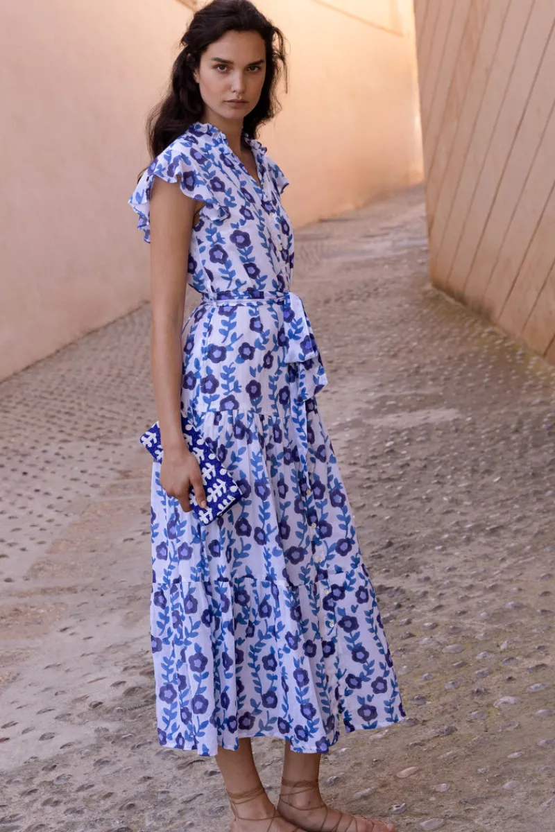 Oliphant Ruffle Collar Button Maxi- Toscana Blue