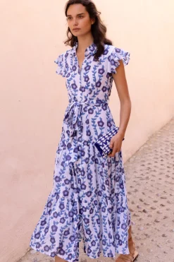 Oliphant Ruffle Collar Button Maxi- Toscana Blue