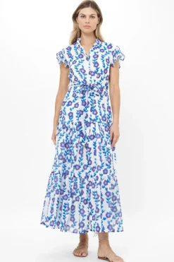 Oliphant Ruffle Collar Button Maxi- Toscana Blue