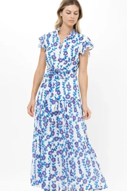 Oliphant Ruffle Collar Button Maxi- Toscana Blue
