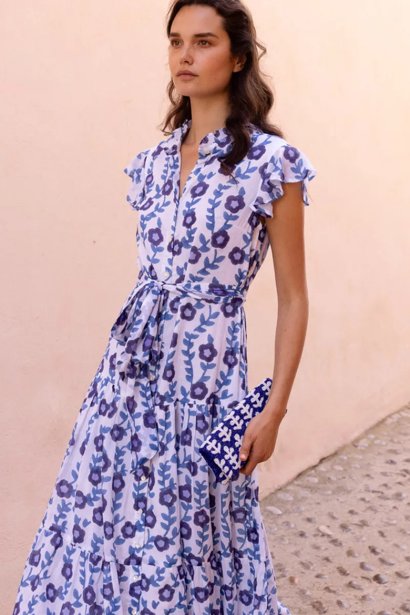 Oliphant Ruffle Collar Button Maxi- Toscana Blue