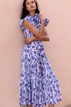 Oliphant Ruffle Collar Button Maxi- Toscana Blue