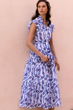 Oliphant Ruffle Collar Button Maxi- Toscana Blue