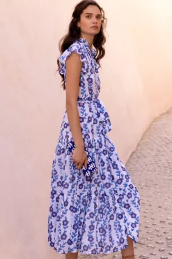 Oliphant Ruffle Collar Button Maxi- Toscana Blue