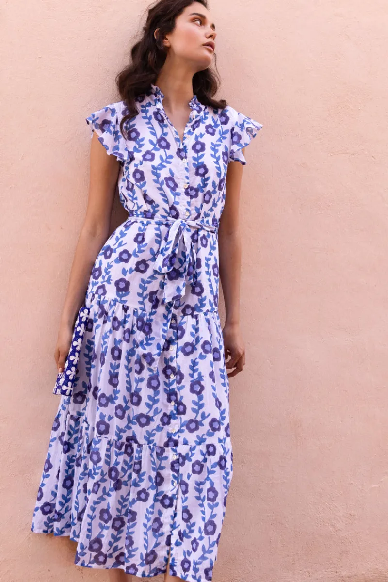 Oliphant Ruffle Collar Button Maxi- Toscana Blue