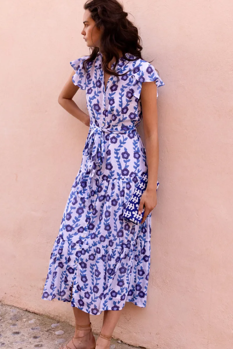 Oliphant Ruffle Collar Button Maxi- Toscana Blue