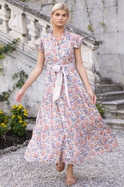 Oliphant Ruffle Collar Button Maxi- Montenegro Coral