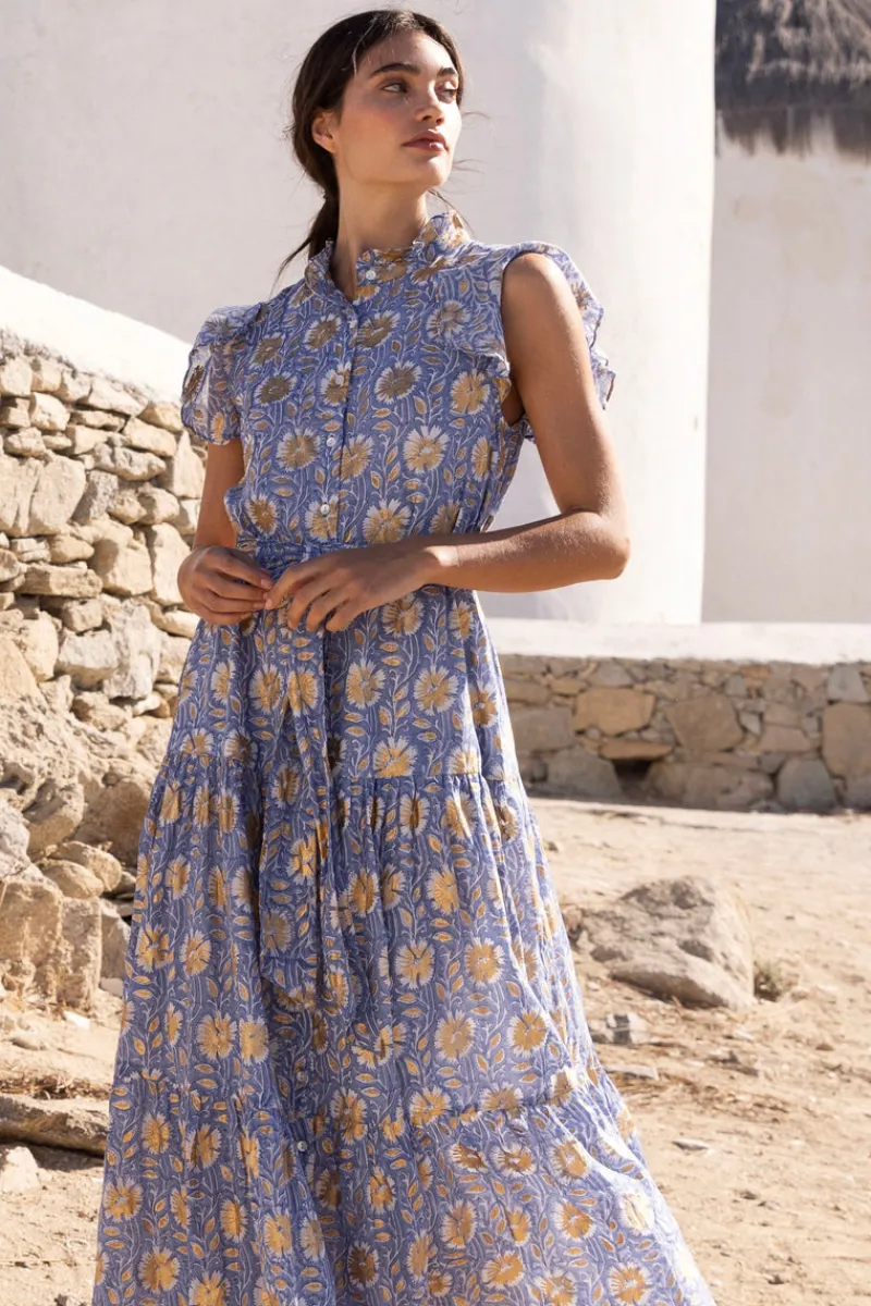 Oliphant Ruffle Collar Button Maxi- Mughal Blue