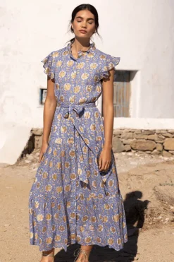 Oliphant Ruffle Collar Button Maxi- Mughal Blue