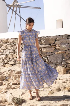 Oliphant Ruffle Collar Button Maxi- Mughal Blue