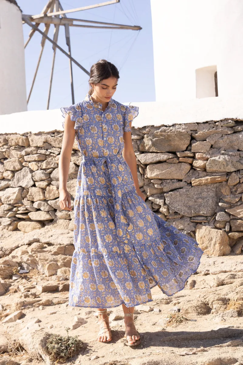 Oliphant Ruffle Collar Button Maxi- Mughal Blue