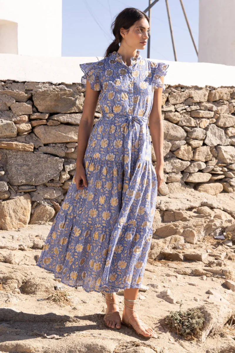 Oliphant Ruffle Collar Button Maxi- Mughal Blue