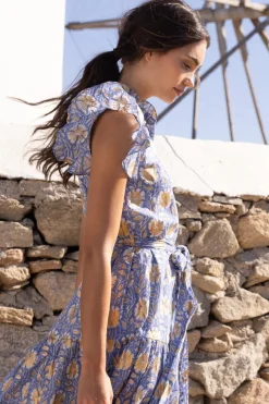 Oliphant Ruffle Collar Button Maxi- Mughal Blue