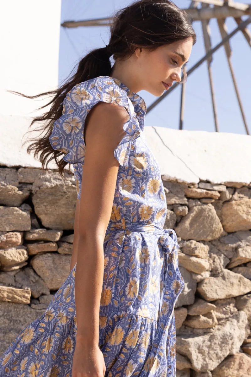 Oliphant Ruffle Collar Button Maxi- Mughal Blue