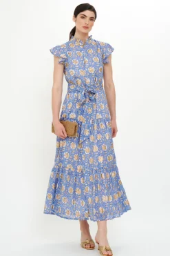 Oliphant Ruffle Collar Button Maxi- Mughal Blue