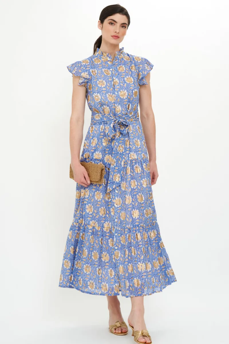 Oliphant Ruffle Collar Button Maxi- Mughal Blue