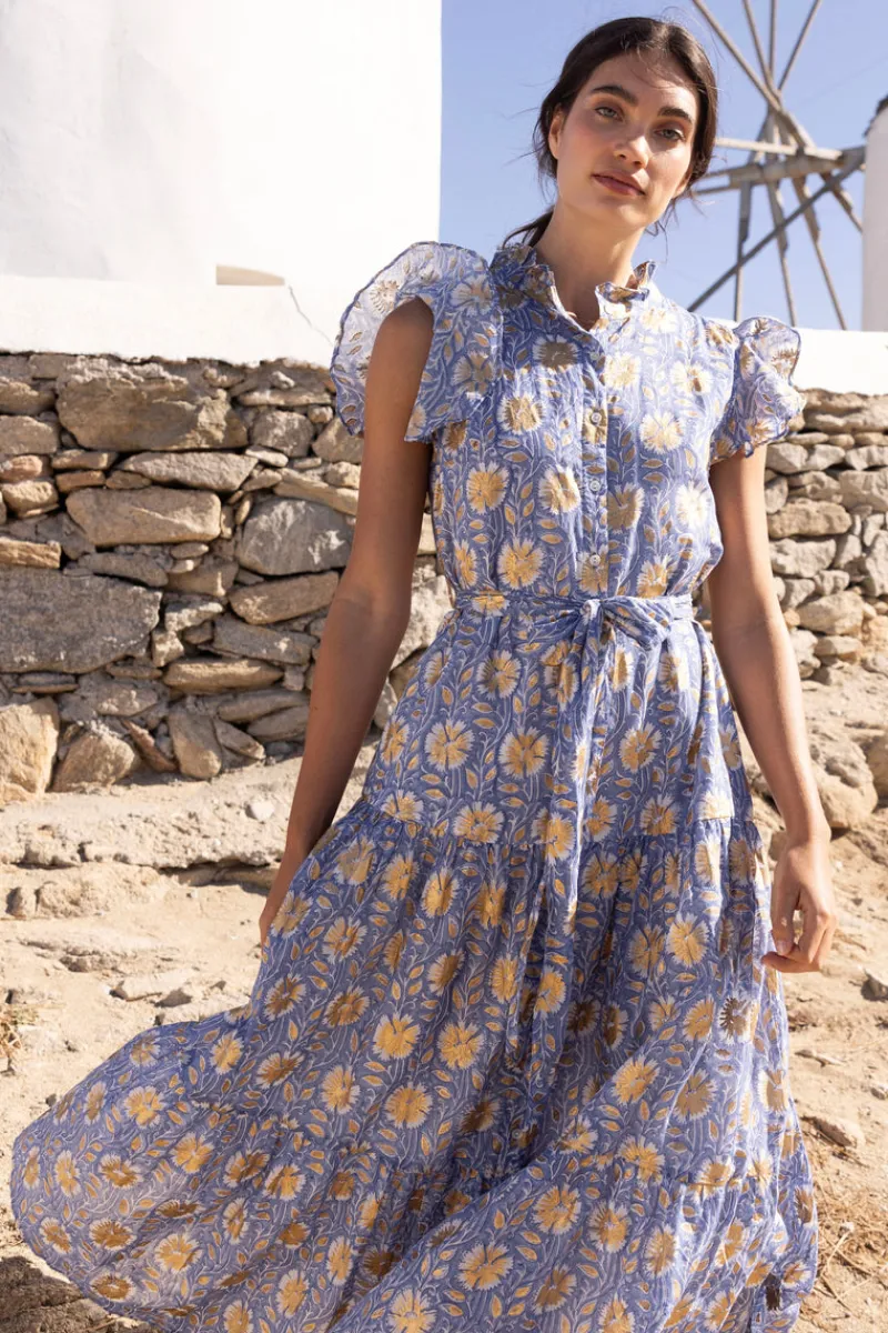 Oliphant Ruffle Collar Button Maxi- Mughal Blue