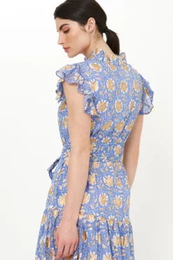 Oliphant Ruffle Collar Button Maxi- Mughal Blue