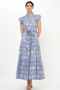 Oliphant Ruffle Collar Button Maxi- Mughal Blue