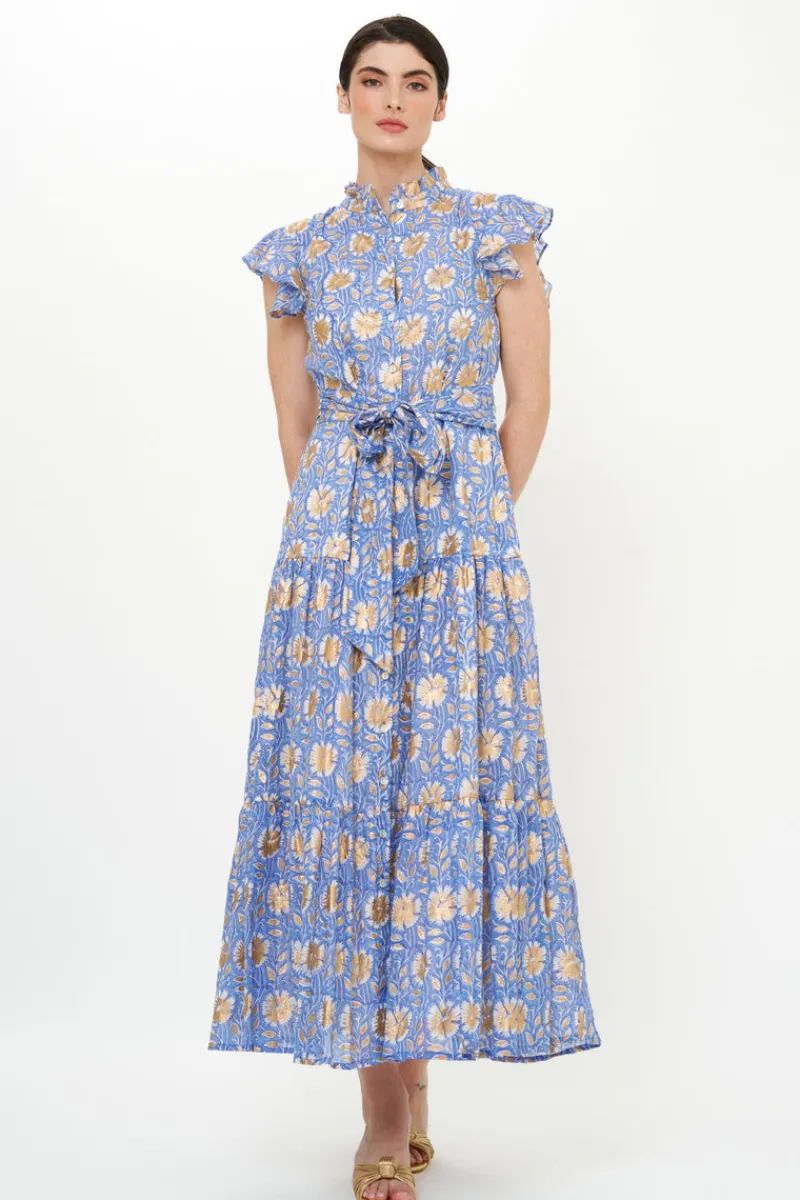 Oliphant Ruffle Collar Button Maxi- Mughal Blue