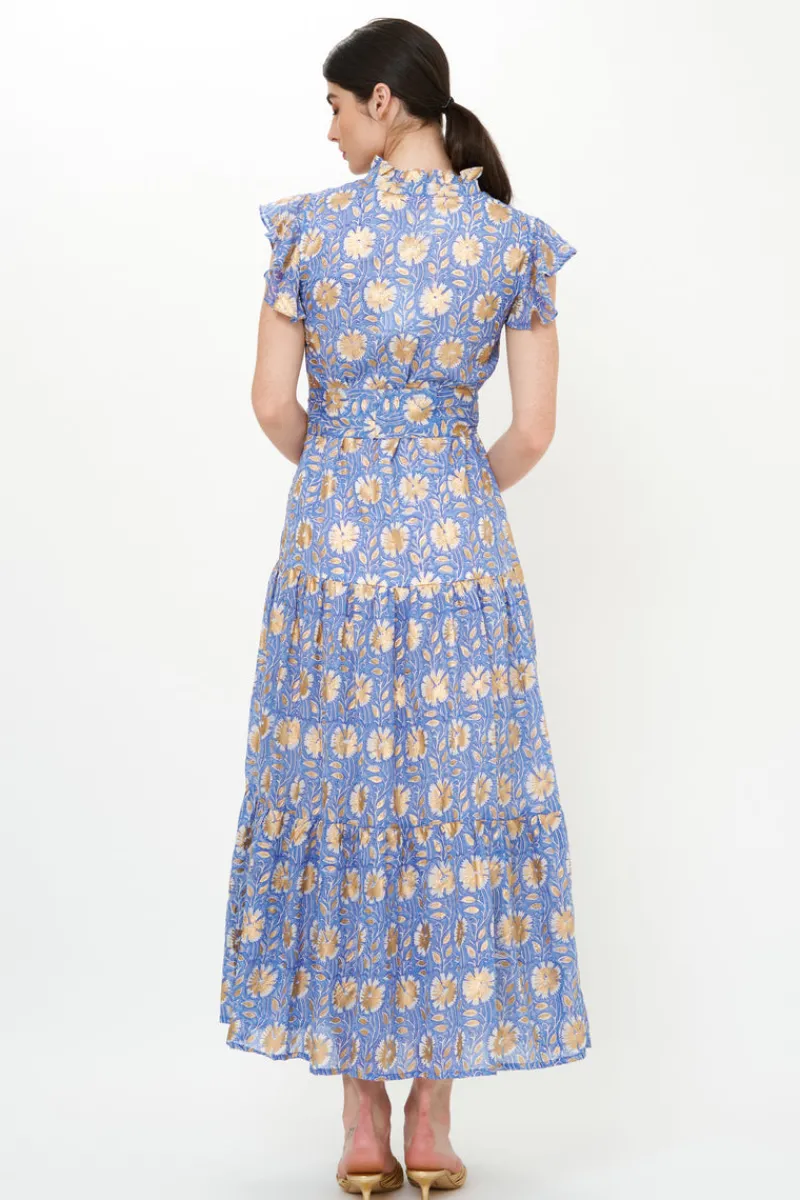 Oliphant Ruffle Collar Button Maxi- Mughal Blue