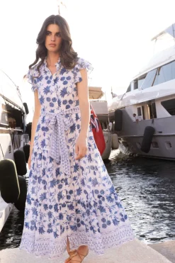 Oliphant Ruffle Collar Button Maxi- Marion Blue