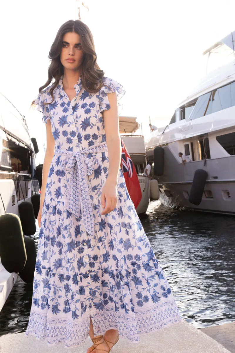 Oliphant Ruffle Collar Button Maxi- Marion Blue
