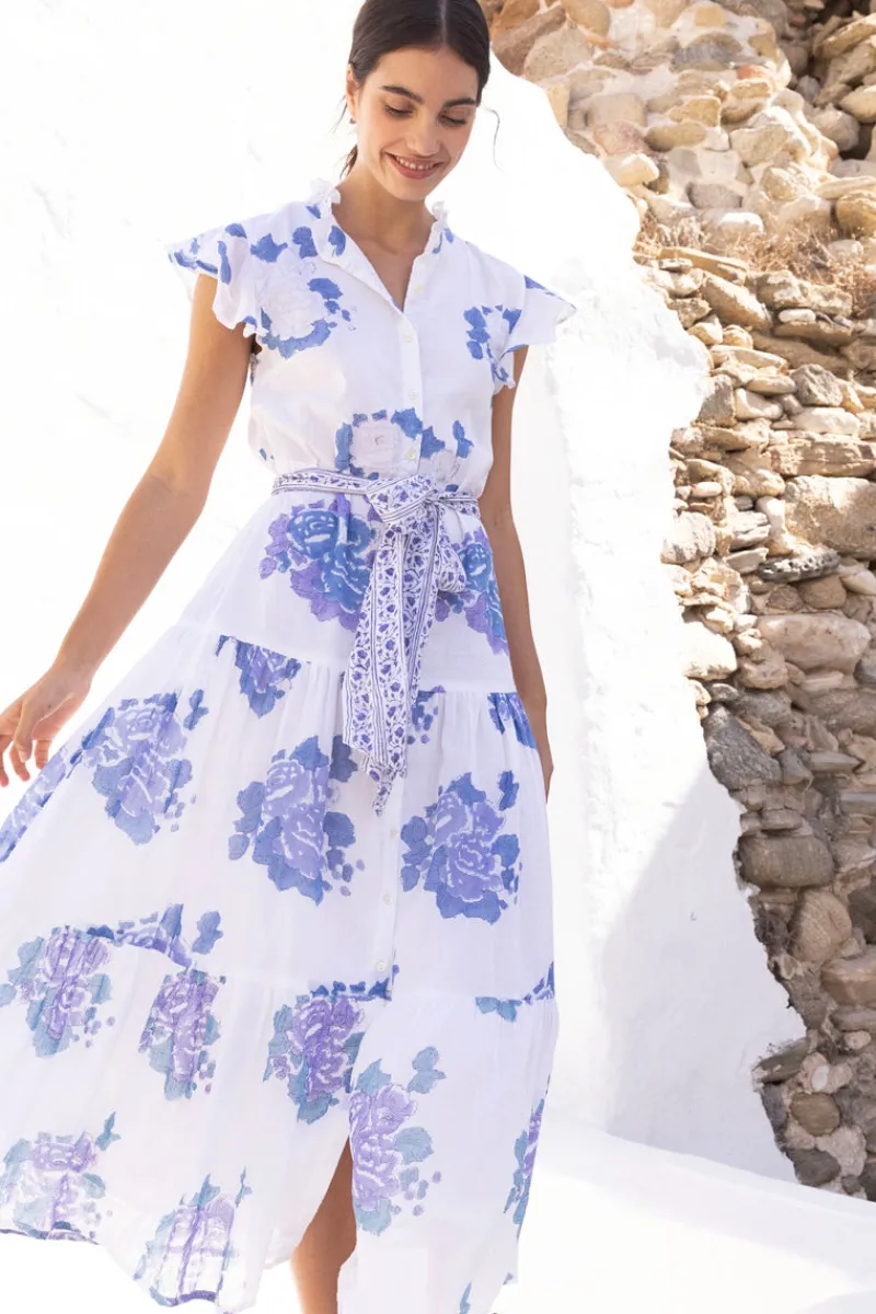 Oliphant Ruffle Collar Button Maxi- Portofino Blue
