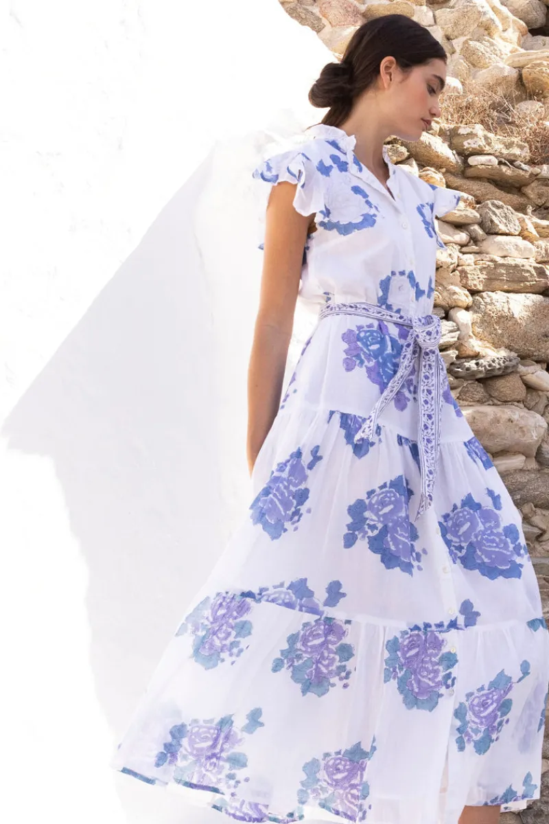 Oliphant Ruffle Collar Button Maxi- Portofino Blue
