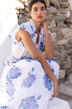 Oliphant Ruffle Collar Button Maxi- Portofino Blue