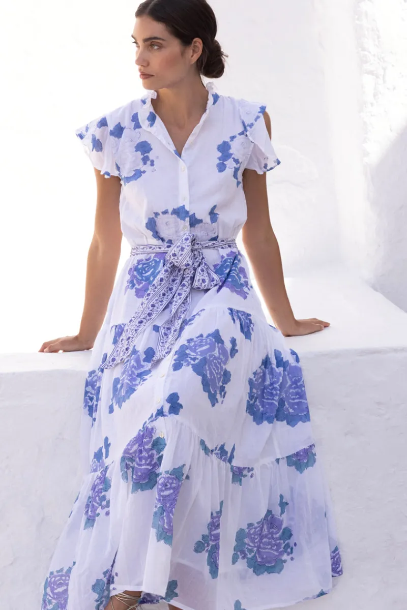 Oliphant Ruffle Collar Button Maxi- Portofino Blue